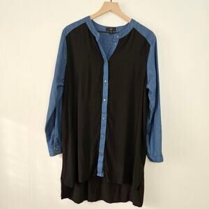 Ellos Denim Trim Tunic Top M 14/16 Plus Blue Black‎ Shirt Long Sleeve